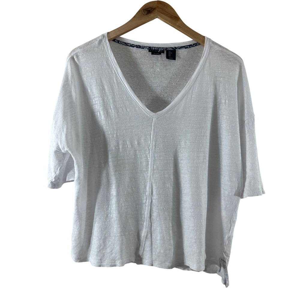 Tahari Womens White 100% Linen V-Neck Short Sleeve Relaxed Fit Top Large